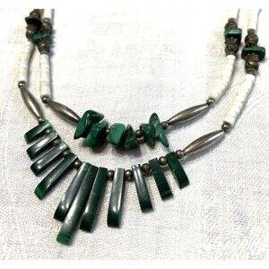 Tribal Malachite Necklace Double Strand Silver Tone Green Stones Boho
